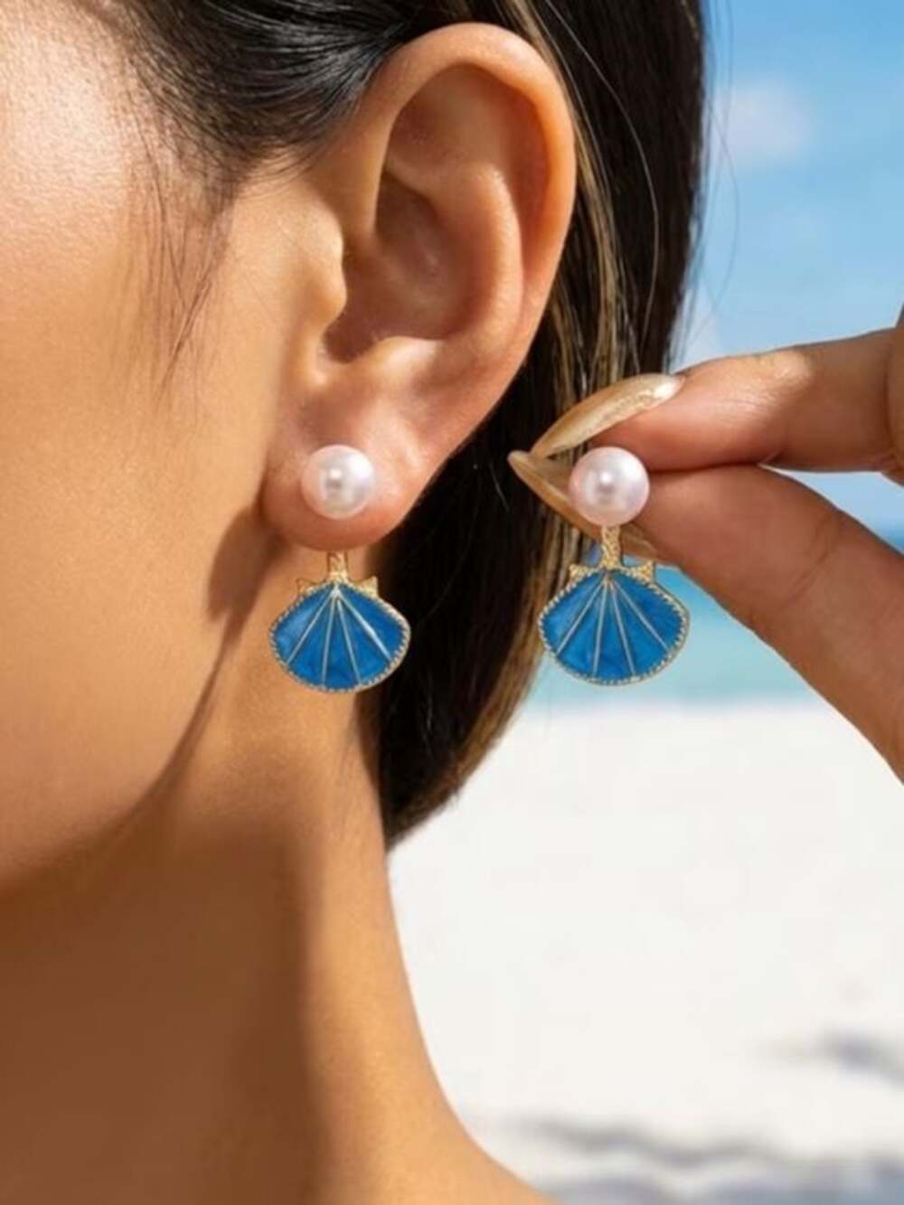 Pearl Top Blue Shell Fan Drop Earrings - Women Jewelry